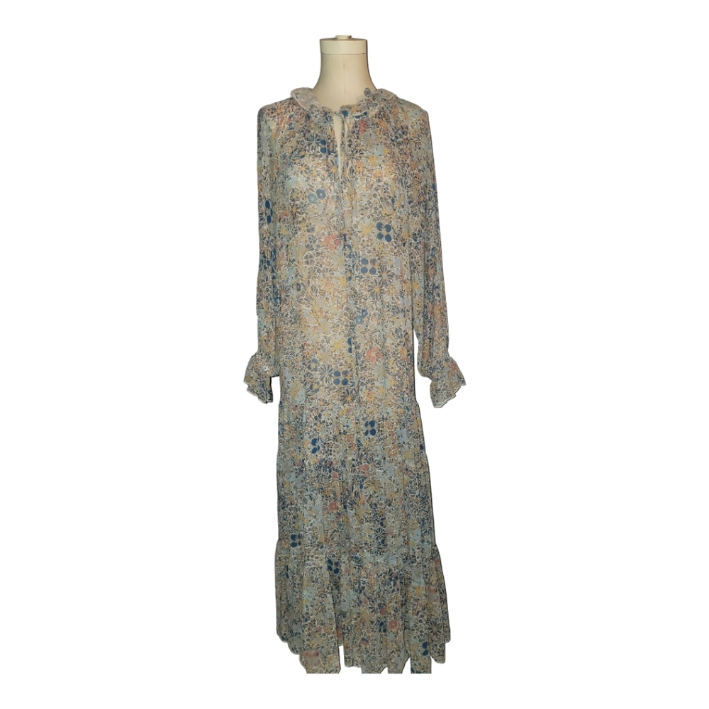 Free People Sz M ~ Flowing floral print maxi A-line  V neckline with tie detail